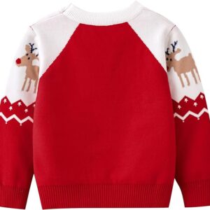 Back view of kids red reindeer Christmas jumper with long sleeves and knitted festive design