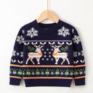 Kids red and navy printed Christmas jumpers with festive reindeer knitted pattern