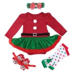 Baby girl Christmas outfit flat lay with green headband and tree print leg warmers