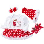 Baby girl Christmas outfit flat lay with polka dot leg warmers and shoes