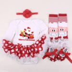 Baby girl's Christmas outfit set with Santa romper dress, headband, leg warmers and matching shoes