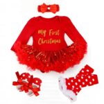 Baby girl red Christmas outfit set with gold glitter My First Christmas script