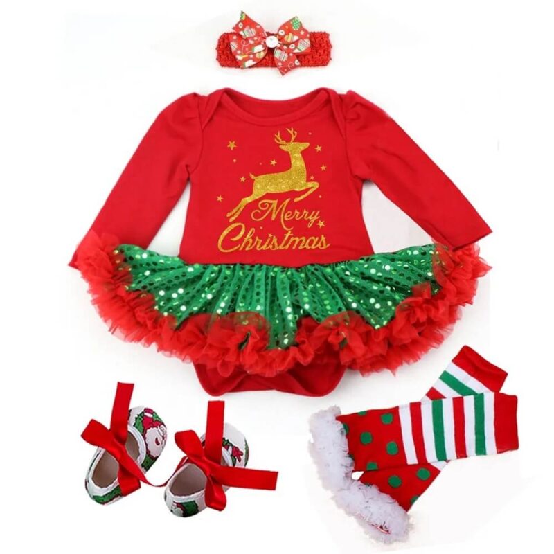 Reindeer print baby girl tulle Christmas dress set