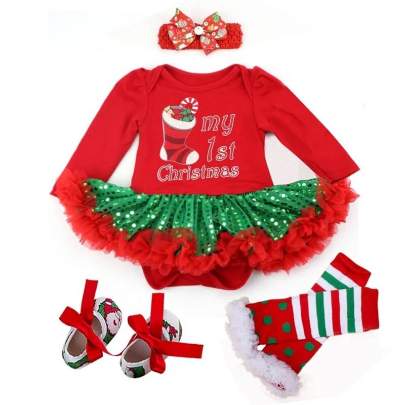 Stockings print baby girl tulle Christmas dress set