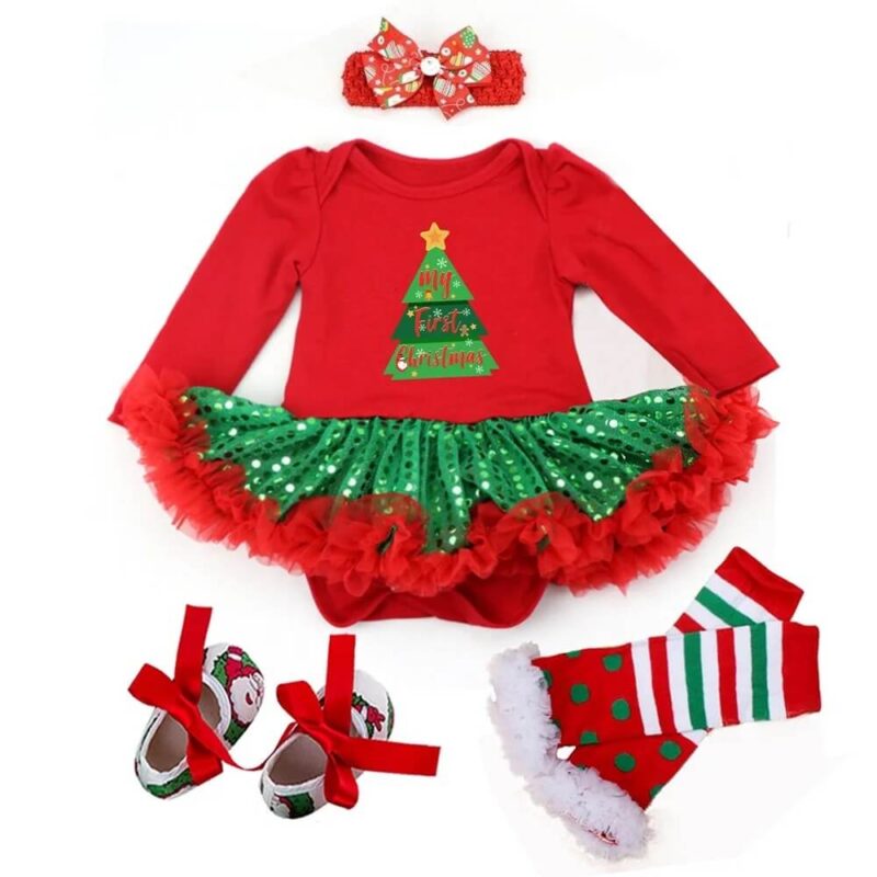 Tree print baby girl sequin tulle Christmas dress set