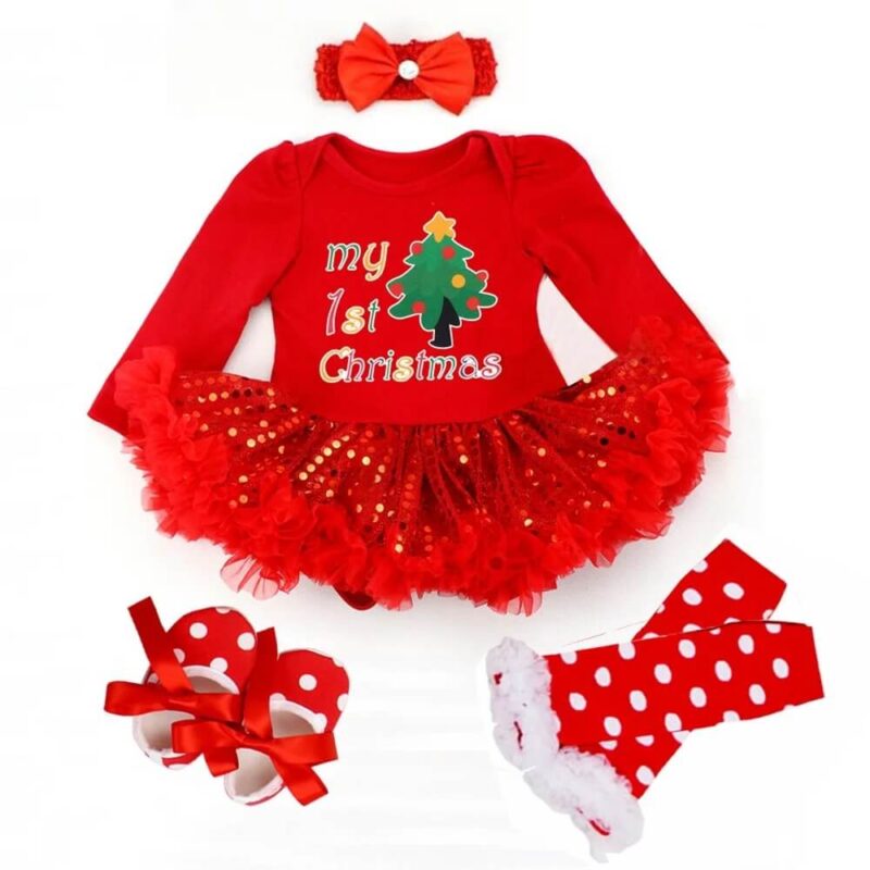 tree print baby girl red tulle sequin christmas dress set