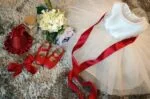 Baby girl white flower girl dress with red sash (1)