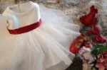 Baby girl white flower girl dress with red sash (3)