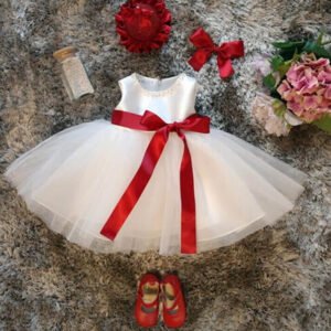 Baby girl white flower girl dress with red sash (7)