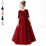 Girls half sleeve sequin flower girl dress in burgundy with sparkling sequin bodice, layered tulle skirt and satin waistband for weddings and special occasions