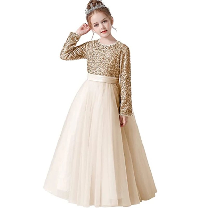 Girls champagne long sleeve sequin flower girl dress with glitter bodice and soft tulle maxi skirt