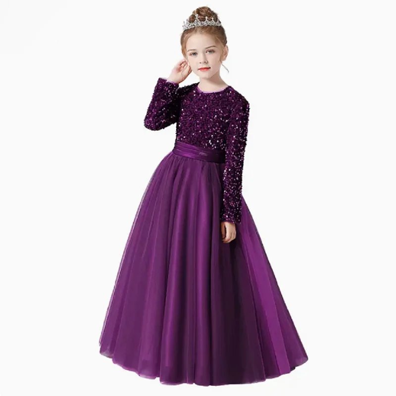 Girls purple long sleeve sequin flower girl dress with glitter bodice and flowing tulle skirt