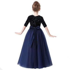 Half sleeve sequin flower girl dress-navy-blue (2)