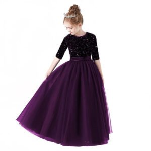 Half sleeve sequin flower girl dress-purple (2)