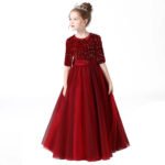 Half sleeve sequin flower girl dress-red (1)