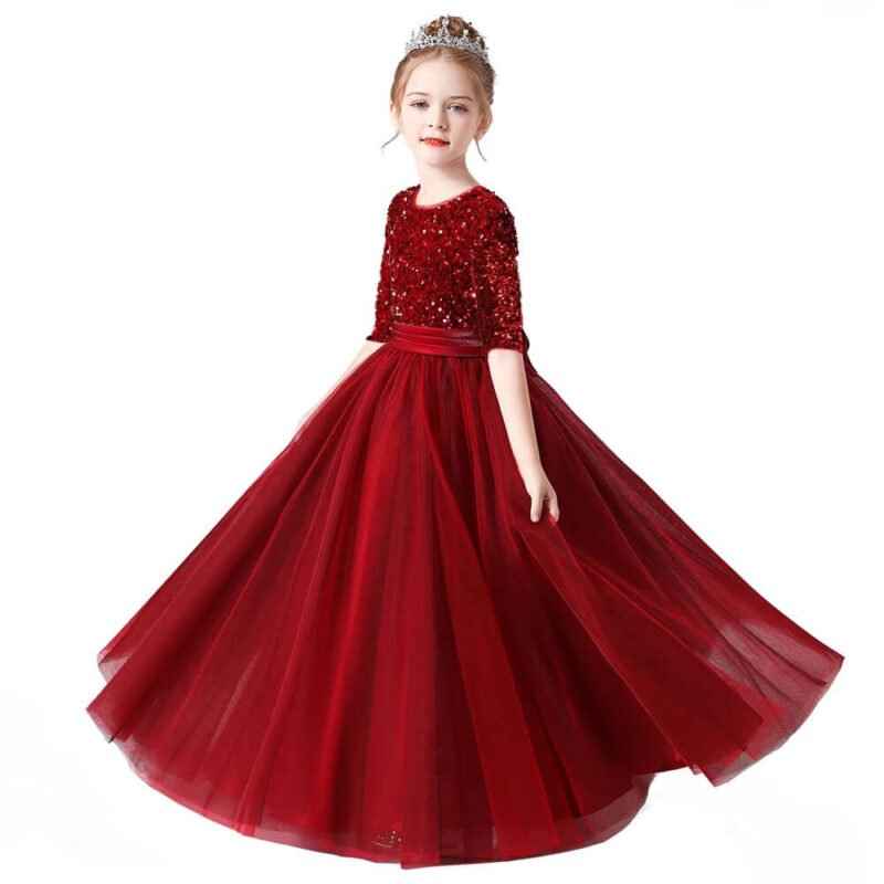 Half sleeve sequin flower girl dress-red (2)