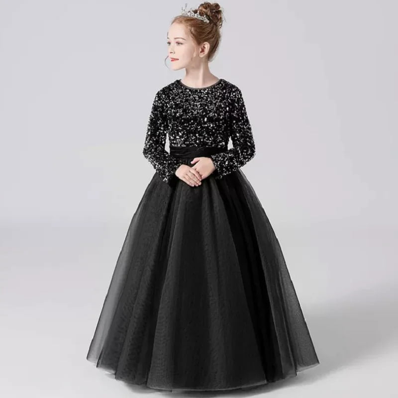 Long sleeve sequin flower girl dress-black