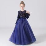 Long sleeve sequin flower girl dress-blue