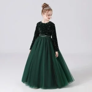 Long sleeve sequin flower girl dress-hunter-green (2)