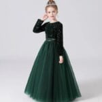 Long sleeve sequin flower girl dress-hunter-green (4)