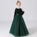 Long sleeve sequin flower girl dress-hunter-green (6)