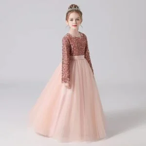 Long sleeve sequin flower girl dress-pink