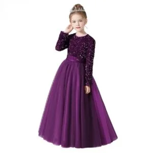 Long sleeve sequin flower girl dress-purple