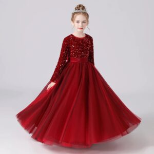 Long sleeve sequin flower girl dress-red