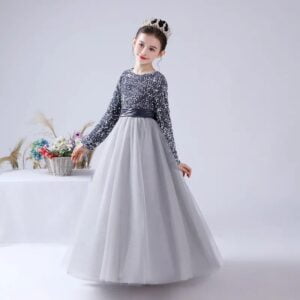 Long sleeve sequin flower girl dress-silver-grey
