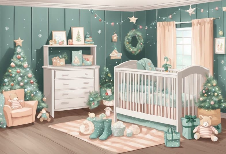 A cosy nursery with festive decor, a tiny Christmas tree, and a pile of adorable baby outfits in holiday patterns and colours