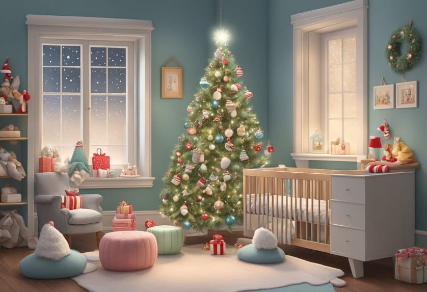 A cozy nursery adorned with festive baby clothes, tiny Santa hats, and miniature elf shoes, all arranged in a whimsical display