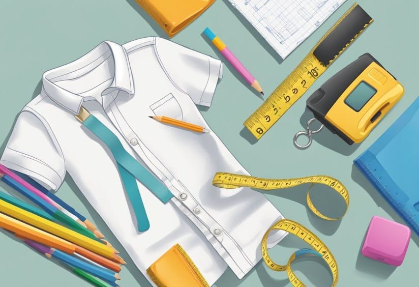 A measuring tape laid out on a flat surface next to a ruler and a pencil, with a child's shirt and pants nearby