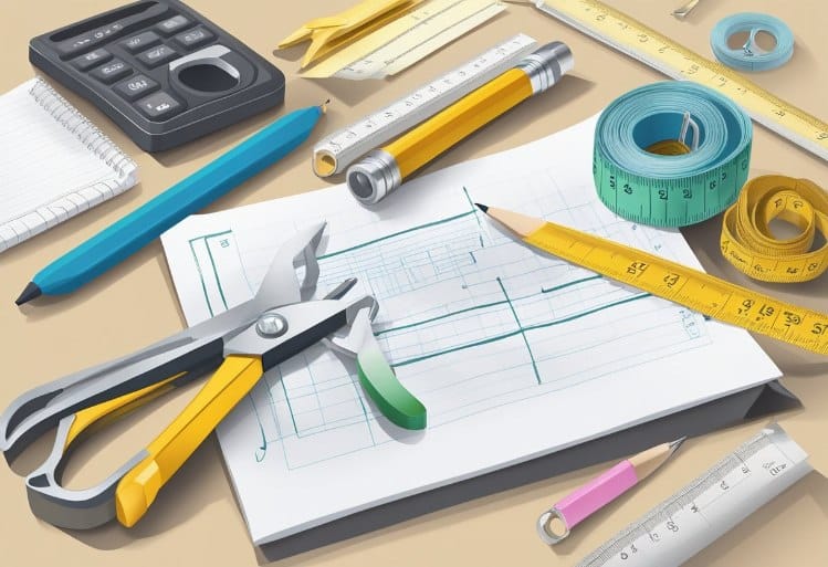 A measuring tape laid out on a flat surface, surrounded by a pair of scissors, a pencil, and a piece of paper with scribbled notes