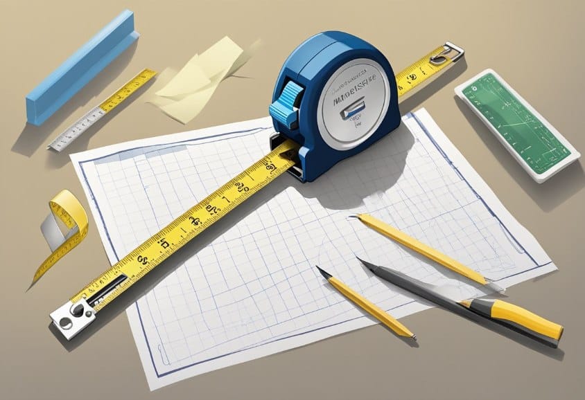 A tape measure laid out on a flat surface, alongside a ruler and a piece of paper with handwritten notes