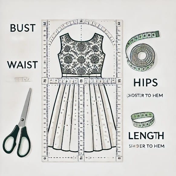 An illustrative diagram showing how to measure a dress with the following key measurement points clearly labeled_ Bust, Waist, Hips, Length (shoulder (1)