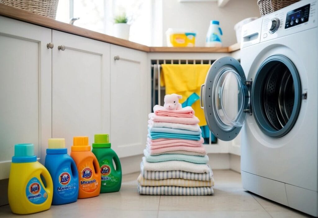 A baby's laundry room with a variety of detergent options, a pile of baby clothes, and a washing machine with the door open