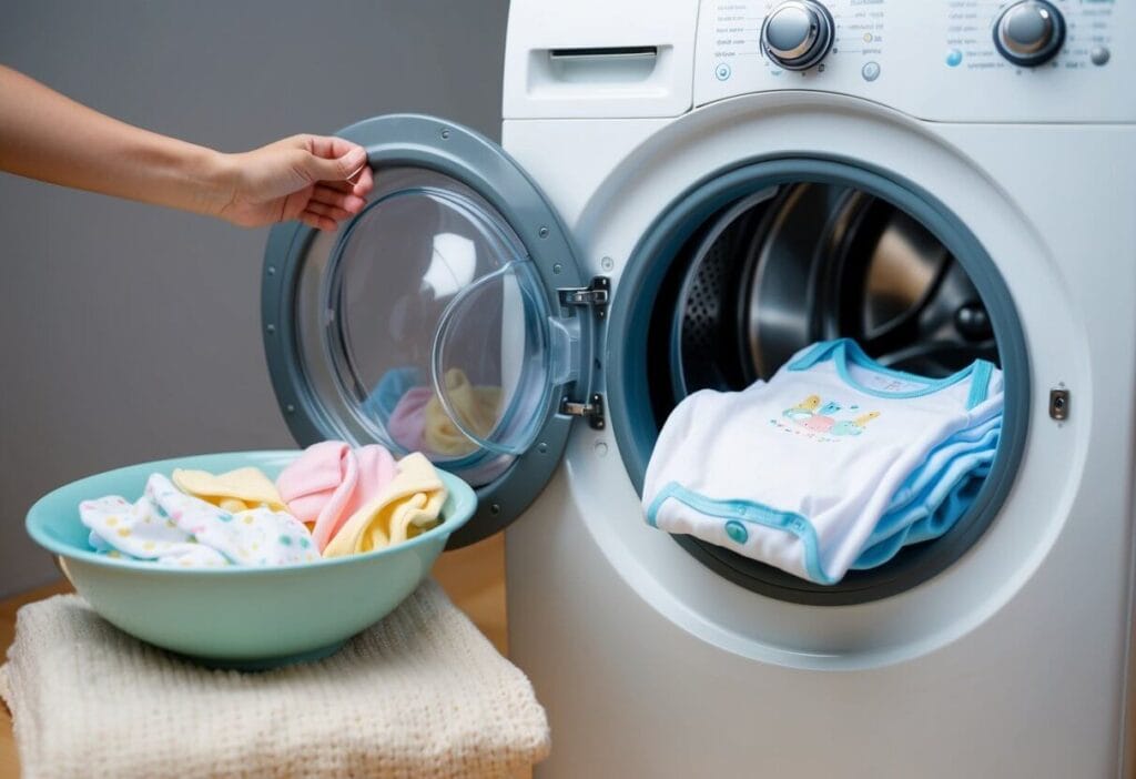 A baby's onesie being washed in a washing machine, alongside a small pile of delicate baby clothes being hand washed in a basin