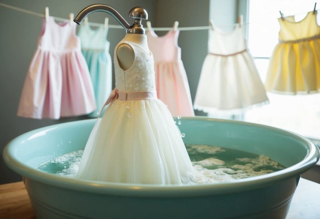 A basin filled with soapy water, a delicate flower girl dress being gently agitated, and a clothesline with freshly cleaned dresses hanging to dry