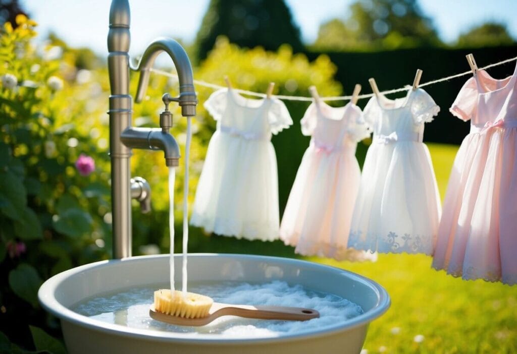 A basin filled with soapy water, a soft brush, and delicate flower girl dresses being gently washed and hung to dry in a sunny garden