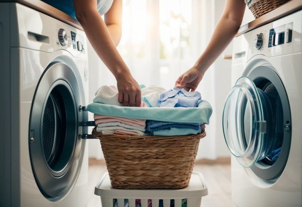 A basket of baby clothes being sorted and placed into a washing machine