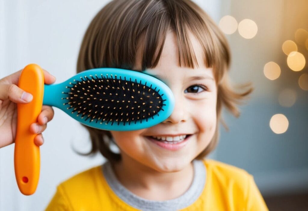 A child happily brushes their hair with the right hair brush, showcasing the ease and effectiveness of using the product