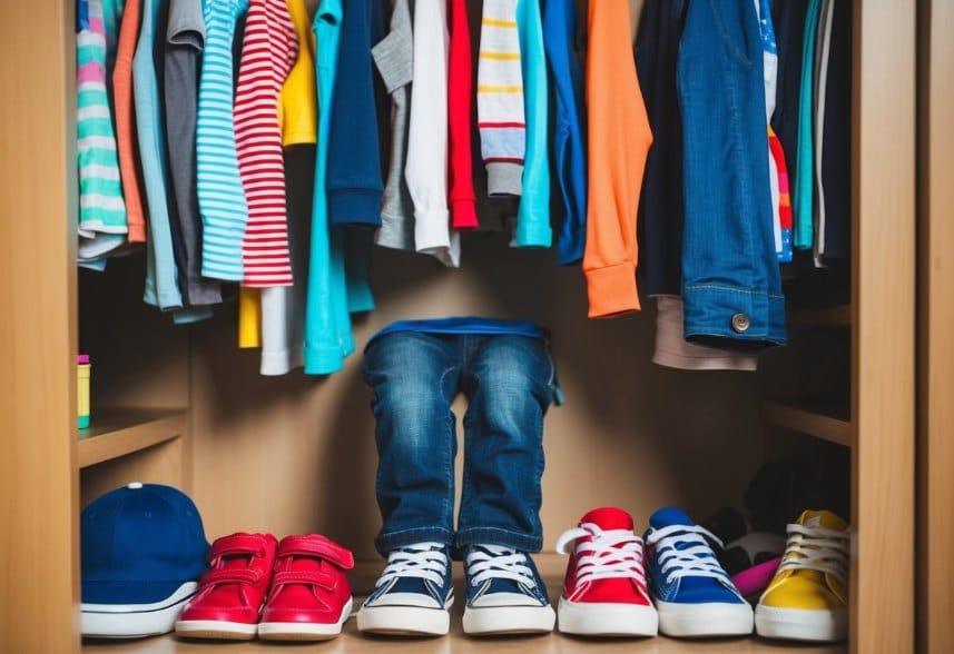 A child's closet filled with t-shirts, jeans, sneakers, and colorful accessories