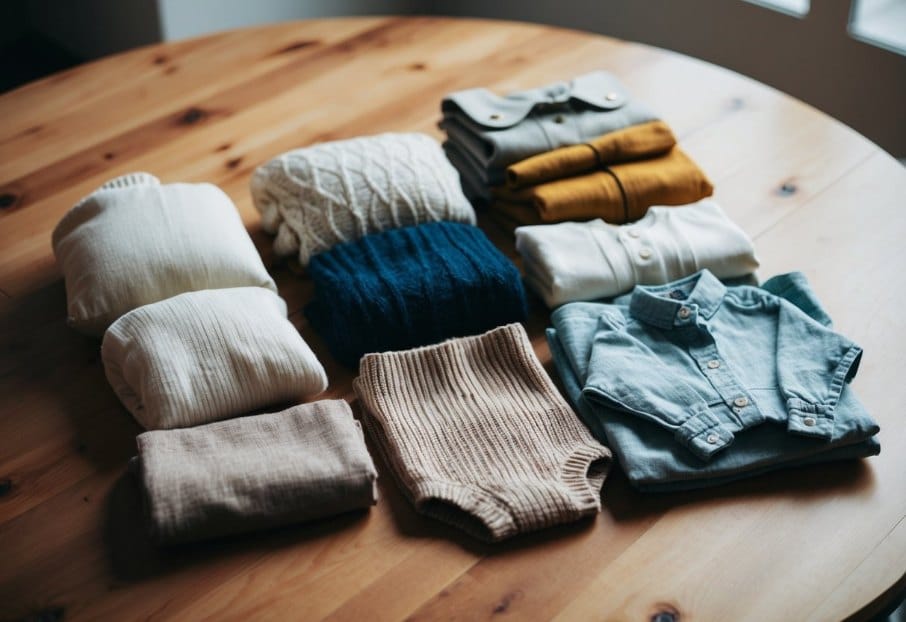 A child's clothing made of natural fibers, including cotton, wool, and linen, laid out on a wooden table with a soft, natural light shining on them