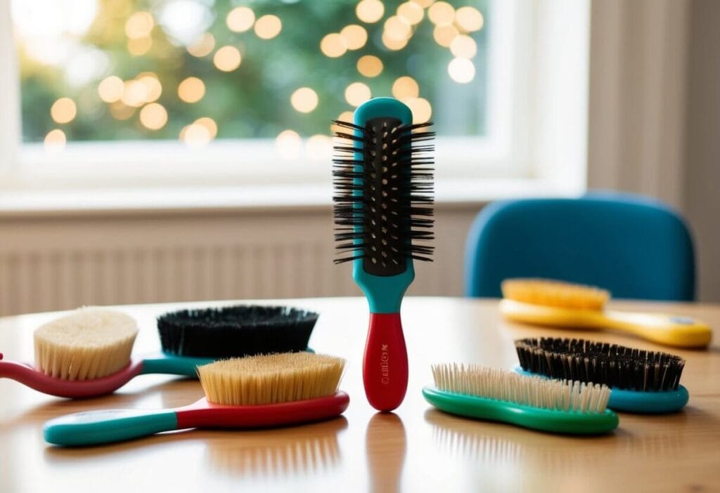 A child's hair brush collection displayed on a table, with various brushes of different sizes and bristle types