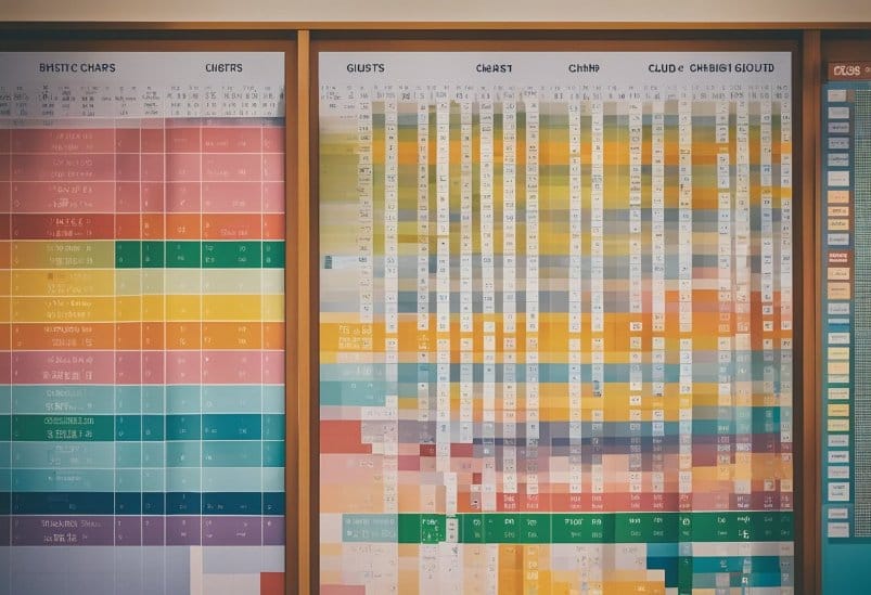 A collection of children's clothing size charts and conversion guides displayed on a colorful and organized bulletin board