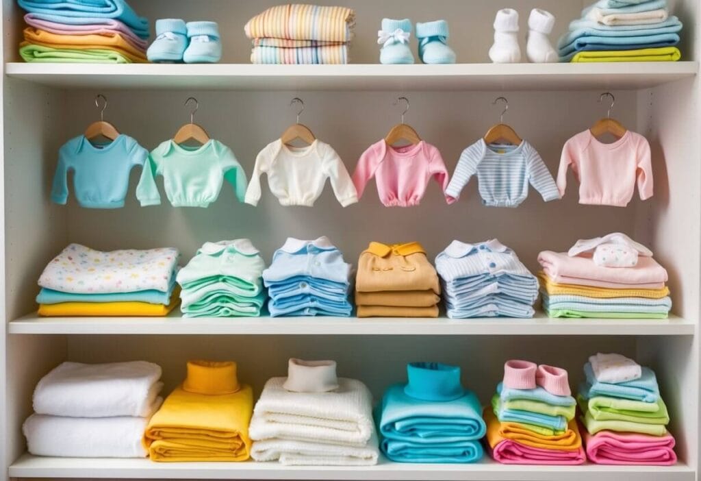 A colorful array of baby clothes neatly organized on shelves, with tiny onesies, soft blankets, and tiny socks