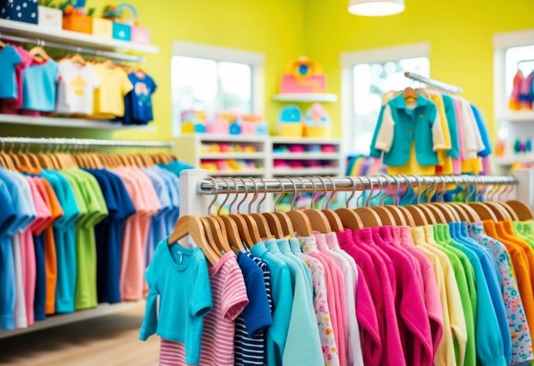 A colorful array of children's clothing, including tiny shirts, pants, dresses, and jackets, displayed on racks and shelves in a bright and cheerful store