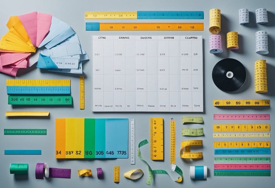 A colorful array of children's clothing size charts and conversion guides laid out on a table, surrounded by measuring tapes and rulers