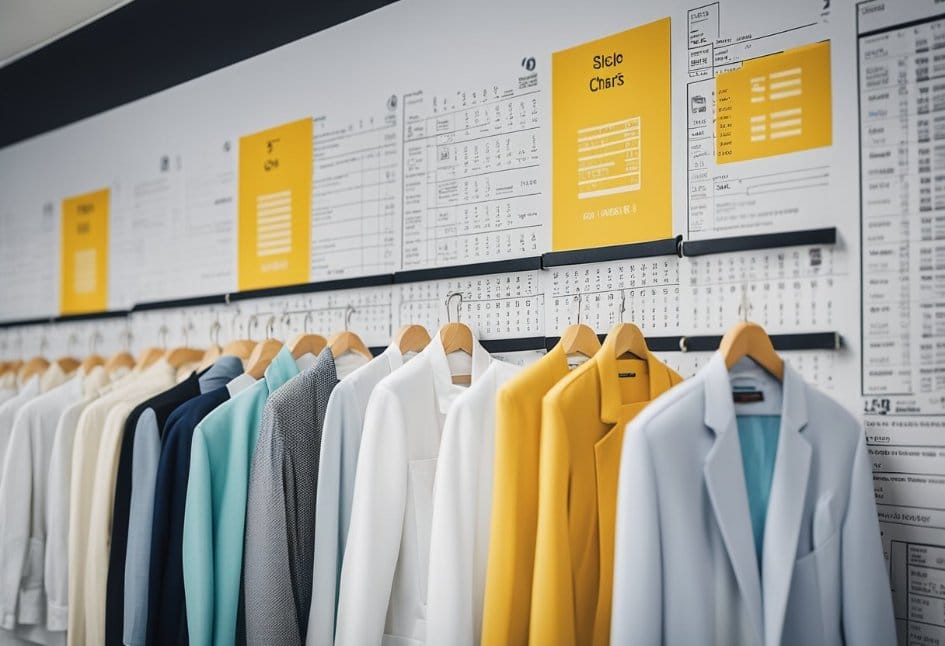 A colorful array of clothing size charts and conversion guides displayed on a wall, with various measurements and diagrams