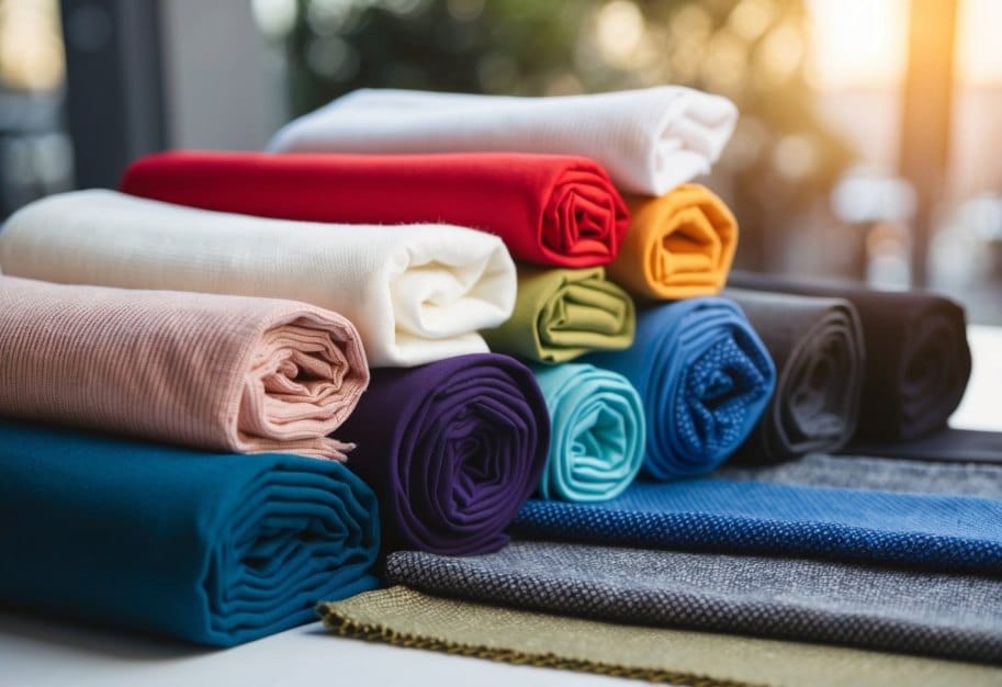 A colorful array of different fabric weaves and knits, from soft cotton to stretchy jersey, laid out on a table for examination